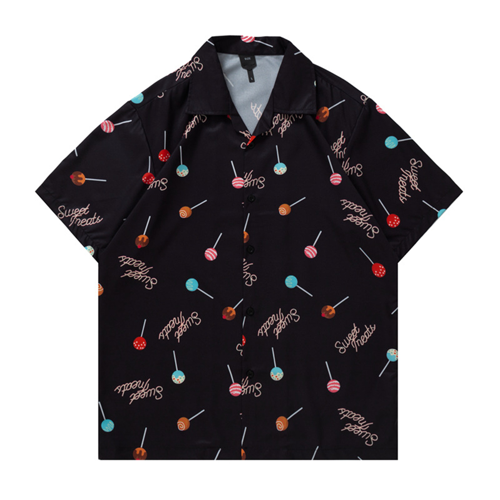 Summer Short Sleeves T-shirt For Men Women Trendy Printing Lapel Cardigan Tops Casual Beach Shirt For Couple ZZ18 black M