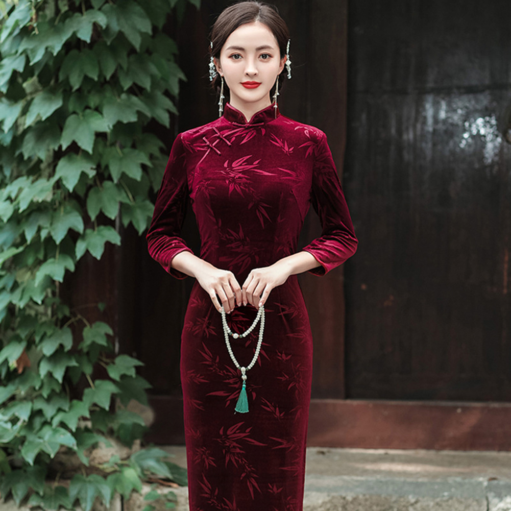 Women Velvet Cheongsam Dress Stylish Slim Fit Large Size Long Skirt Elegant Stand Collar High Slit Dress T0072-1 wine red L