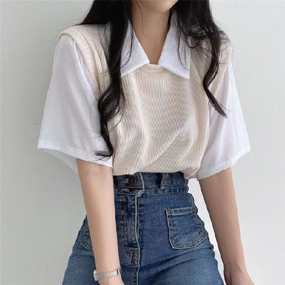 Women Lapel Blouse Summer Trendy Contrast Color Short-sleeved T-shirt Elegant Loose Casual Breathable Tops apricot XXL