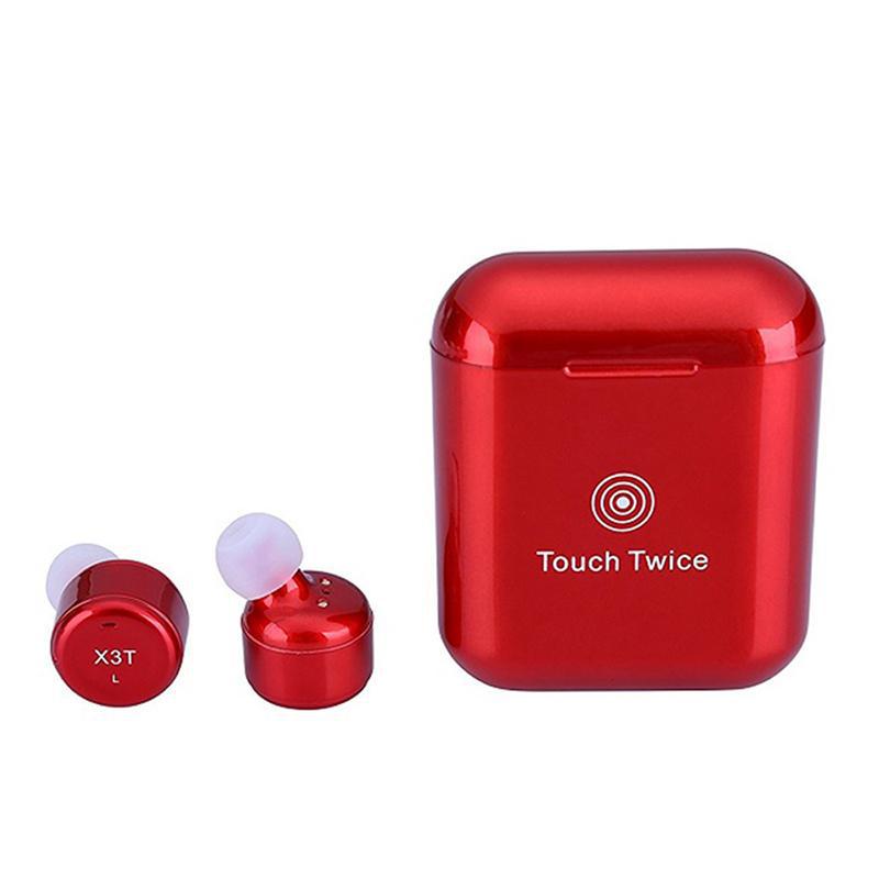 Wireless Bluetooth Headset In-Ear Stereo Noise Cancellation Earphone with Charging Box red