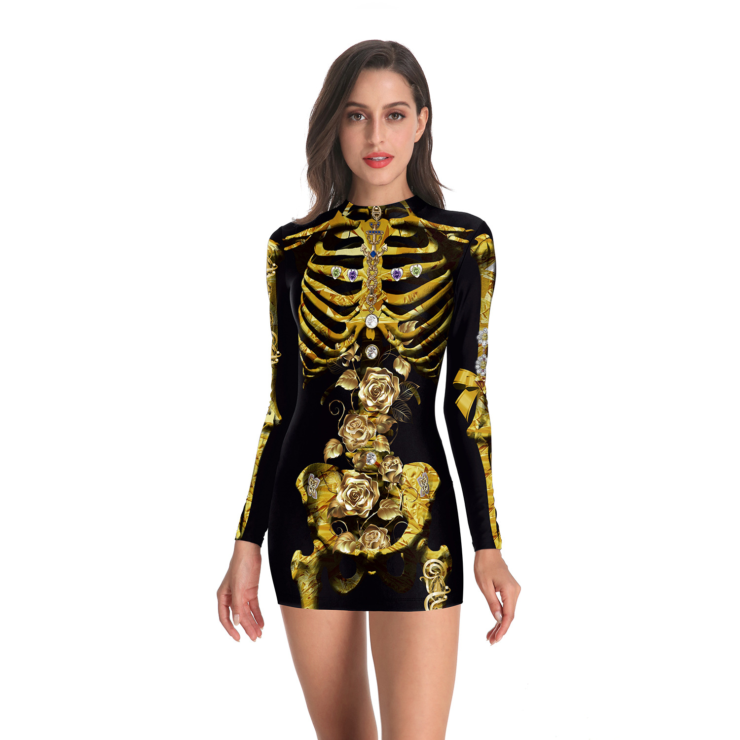 Female Long Sleeve Slim Short Dress Unique Printing for Halloween Party  WB143-001_M