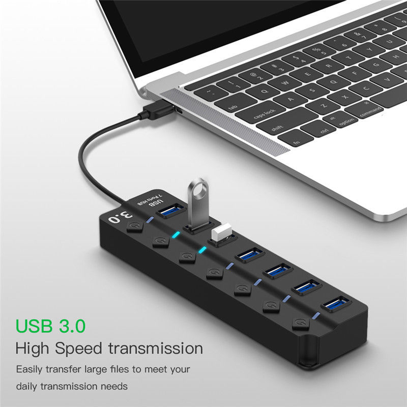 4/7 Port USB 3.0 Hub 5Gbps High Speed On/Off Switches AC Power Adapter for PC 7 port with US plug