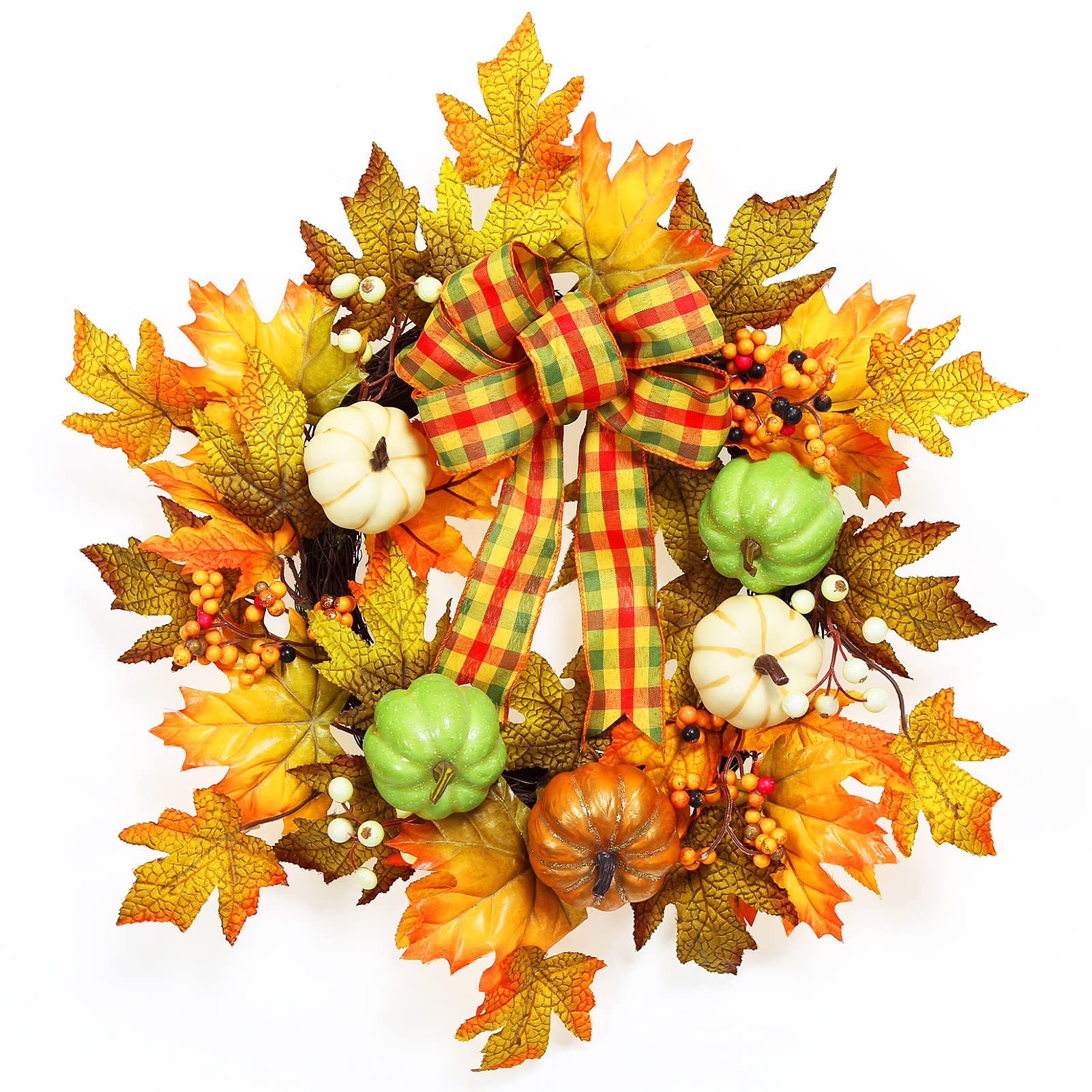 US GARVEE 20 Inch Fall Wreath Fall Wreath for Front Door with Maple Leaf Berries and Pumpkins