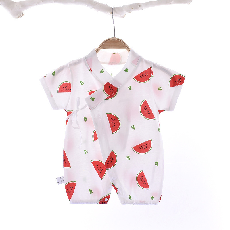 Boys Girls Short Sleeves Romper Summer Cotton Slanted Lace-up Breathable Jumpsuit For 0-3 Years Old Kids watermelon 2-3Y 80cm