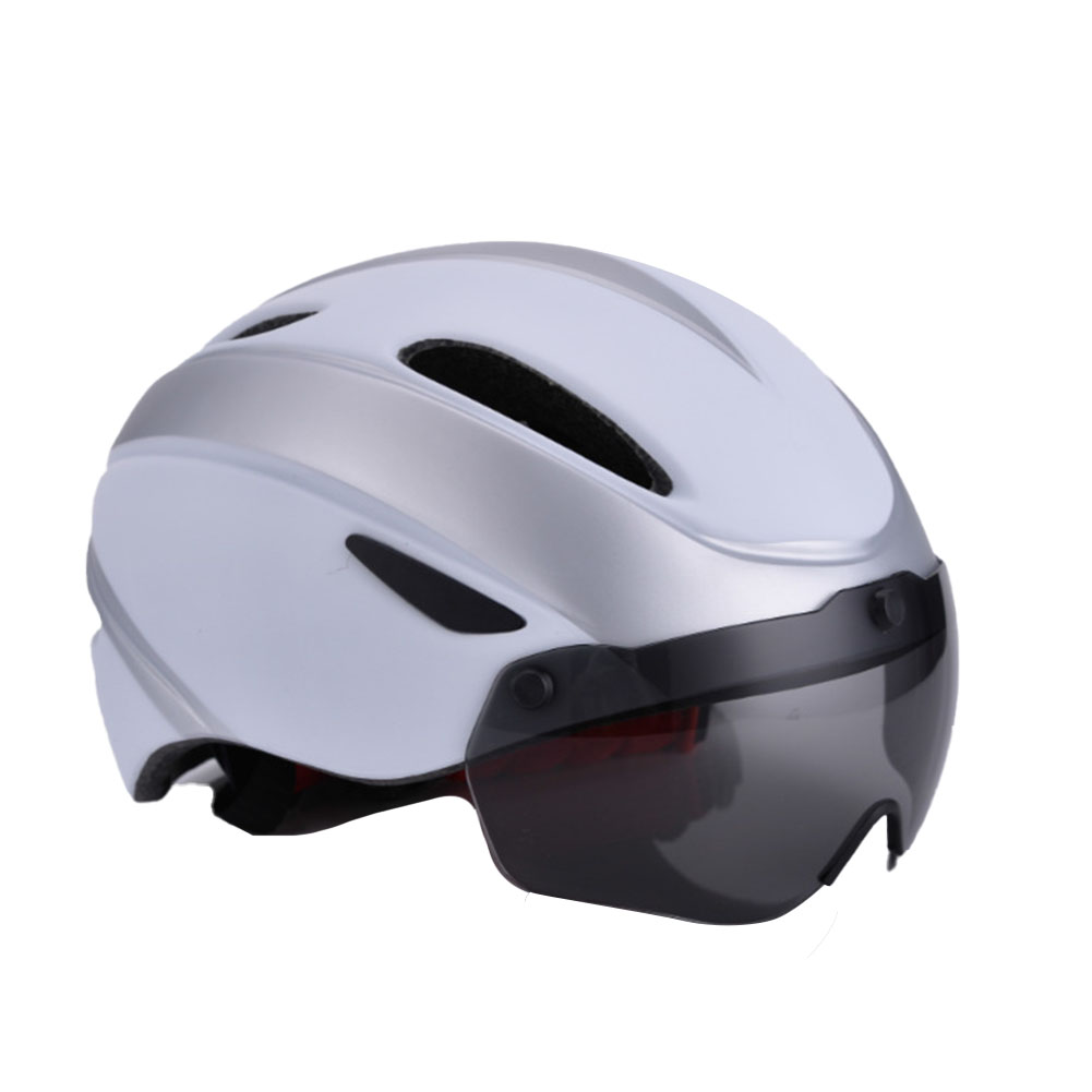 Bicycle Helmet EPS Integrally-molded Breathable Cycling Helmet Goggles Lens MTB Road Bike Helmet Silver white_One size