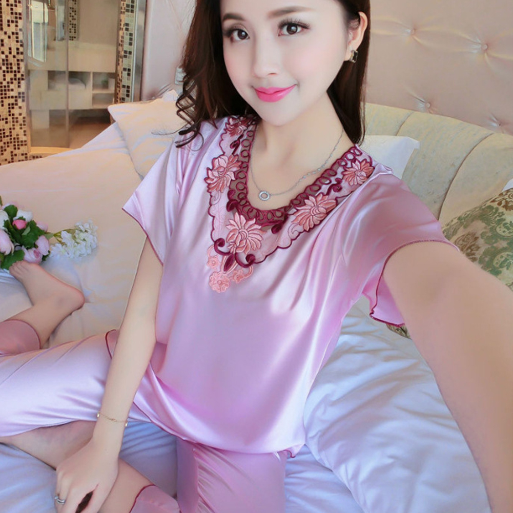 Women Pajamas Sets Thin Pants Short Sleeve Tops Sleepwear Suit Pink_M