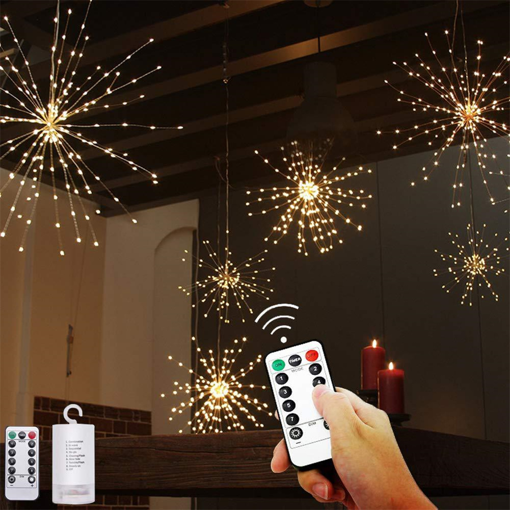 Copper Wire Firework Led Wire  Light Fairy Light Decoration Lamp With 8 Explosion Modes 180 lights (60pcs*3LED) warm white