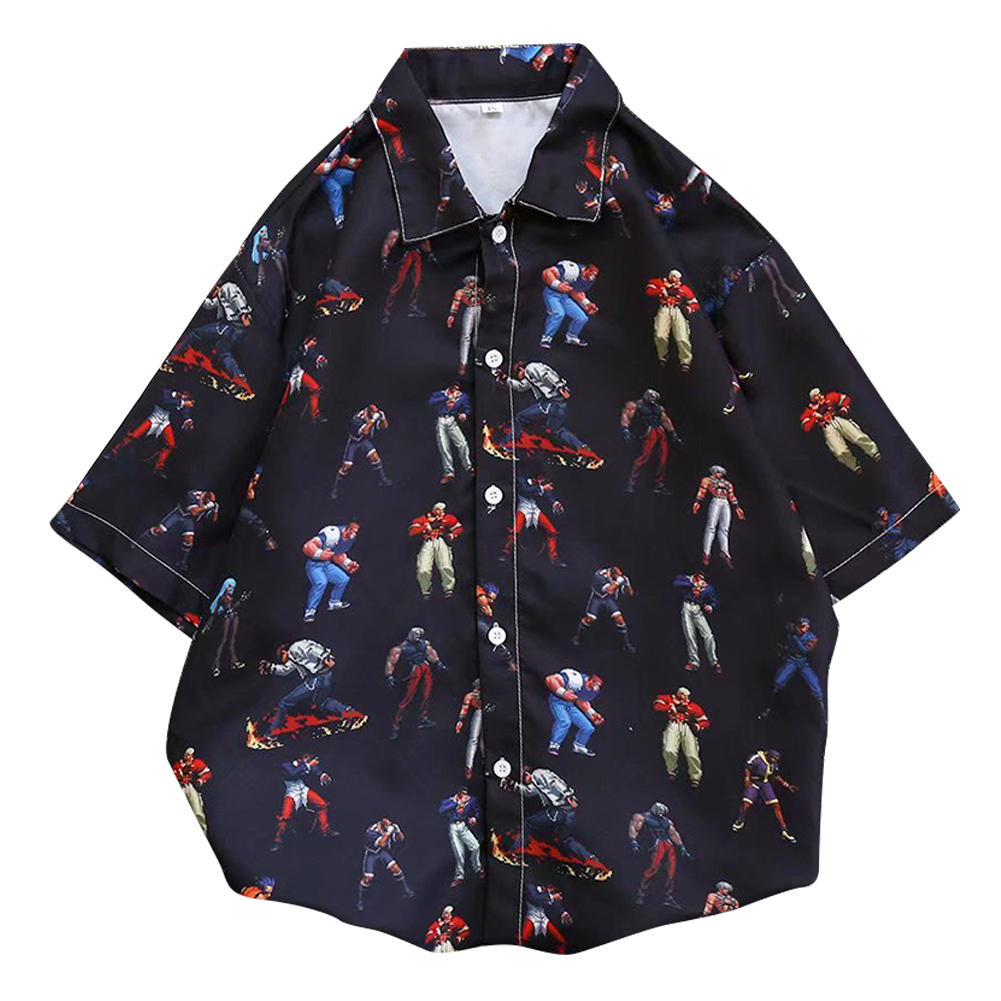 Men Women Lapel Shirt Short Sleeve Retro Hip-hop Boxer Loose Base Shirt Tops C111 #_M