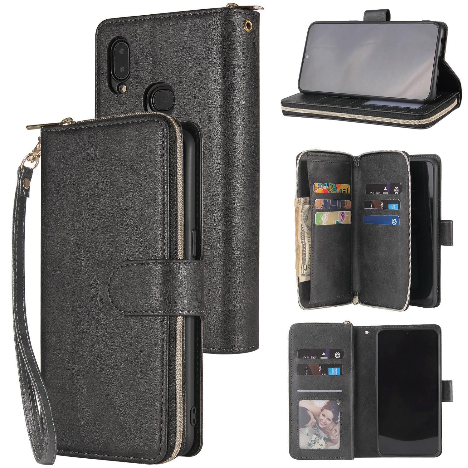 For Samsung A10/A20/A30/A50/A30S/A50S Pu Leather  Mobile Phone Cover Zipper Card Bag + Wrist Strap black