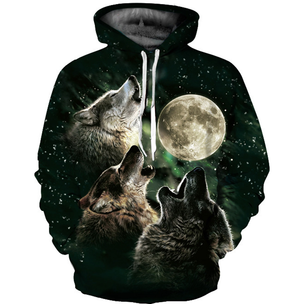 Unisex 3D Vivid Wolf Howl Printed Fashion Hooded Tops Baseball Sweatshirts as shown_XL