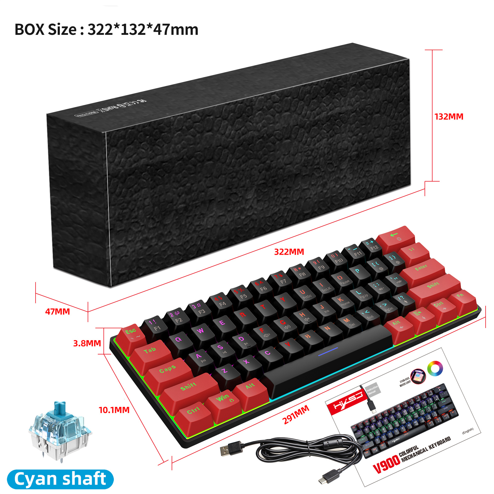 V900 Gaming Keyboard 61 Keys Wired Computer Keyboard With Colorful LED Backlight Keyboard For Laptop PC Tablet Red black mixed color light