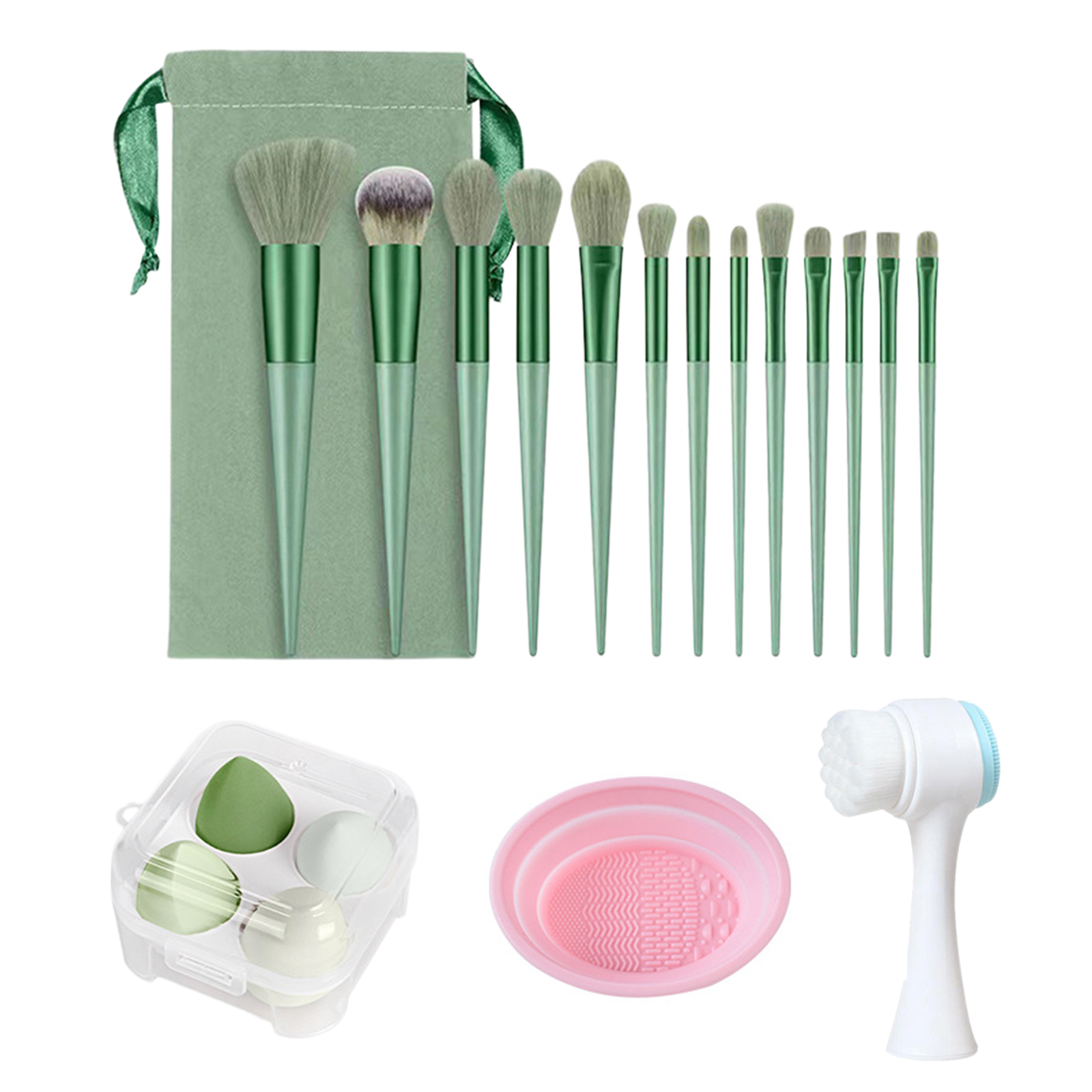 13pcs Makeup Brushes Kit With Wood Handle Foundation Eyeshadow Brush Makeup Sponge Set Beauty Tools With Storage Bag Cyan+ 4 Makeup Spong