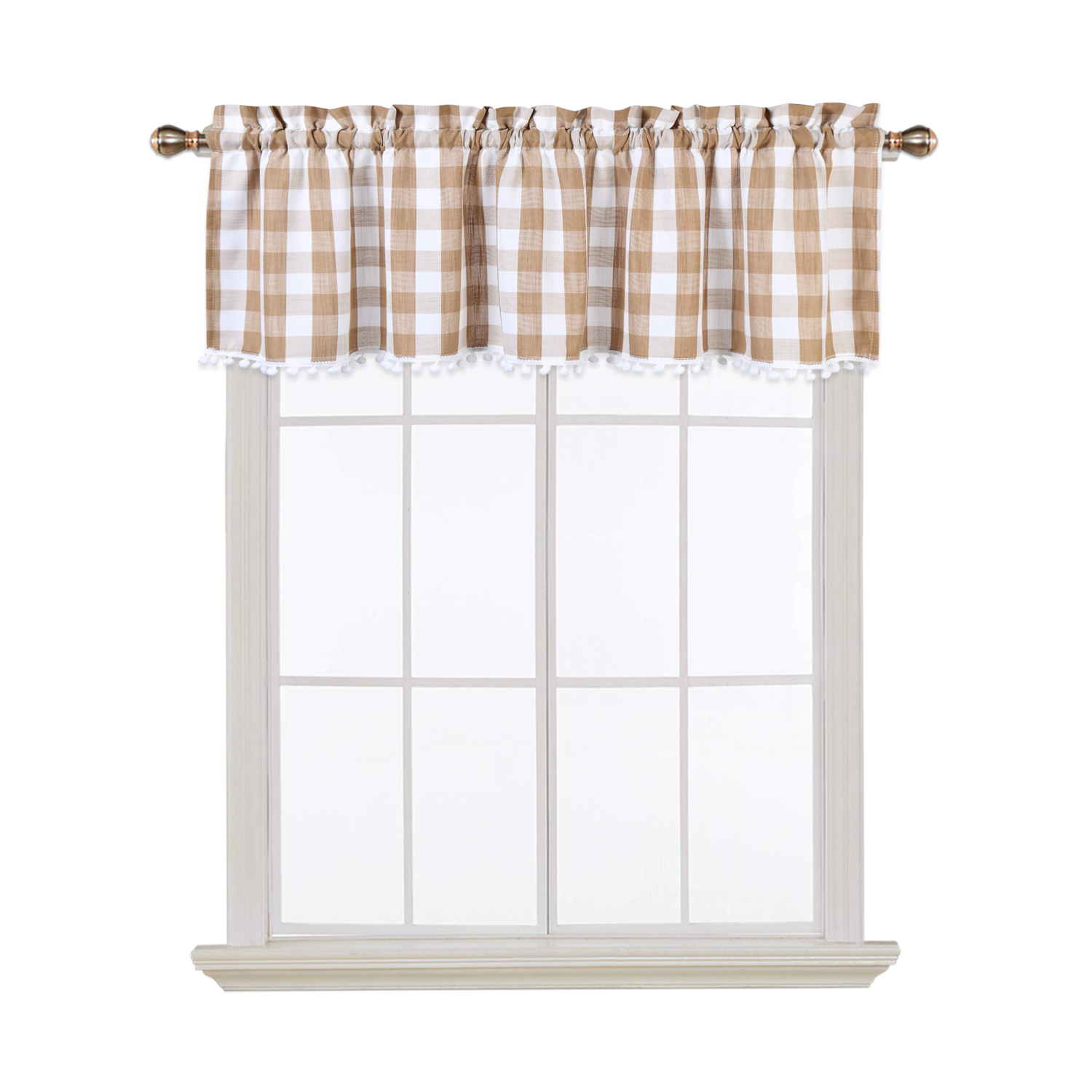 [US Direct] Rod Pocket Light Filtering 50% Polyester Valance Classic Country Farmhouse Kitchen Window Curtains Valance with Mini Ball Tassel