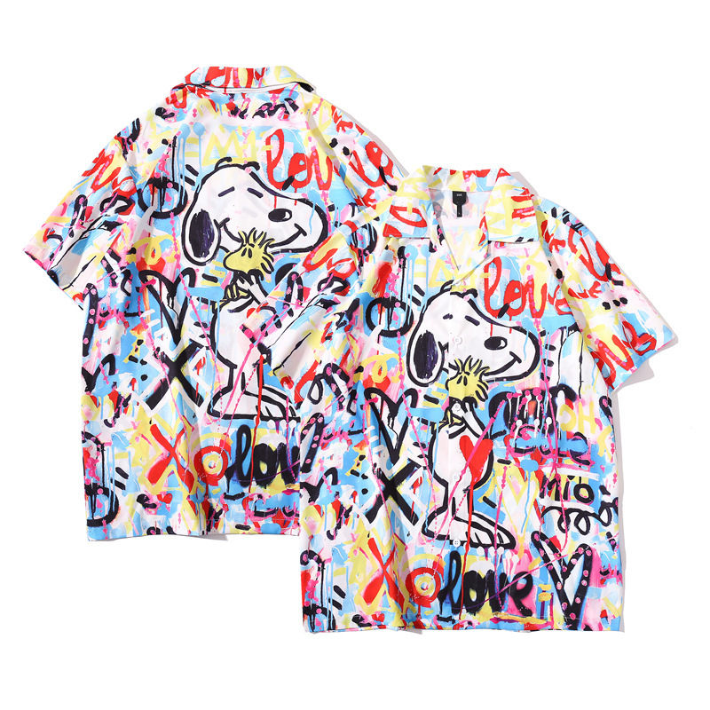 Men Retro Hawaiian Printing T-shirt Summer Short Sleeves Lapel Cardigan Tops For Seaside Beach Vacation Travel CK48 L
