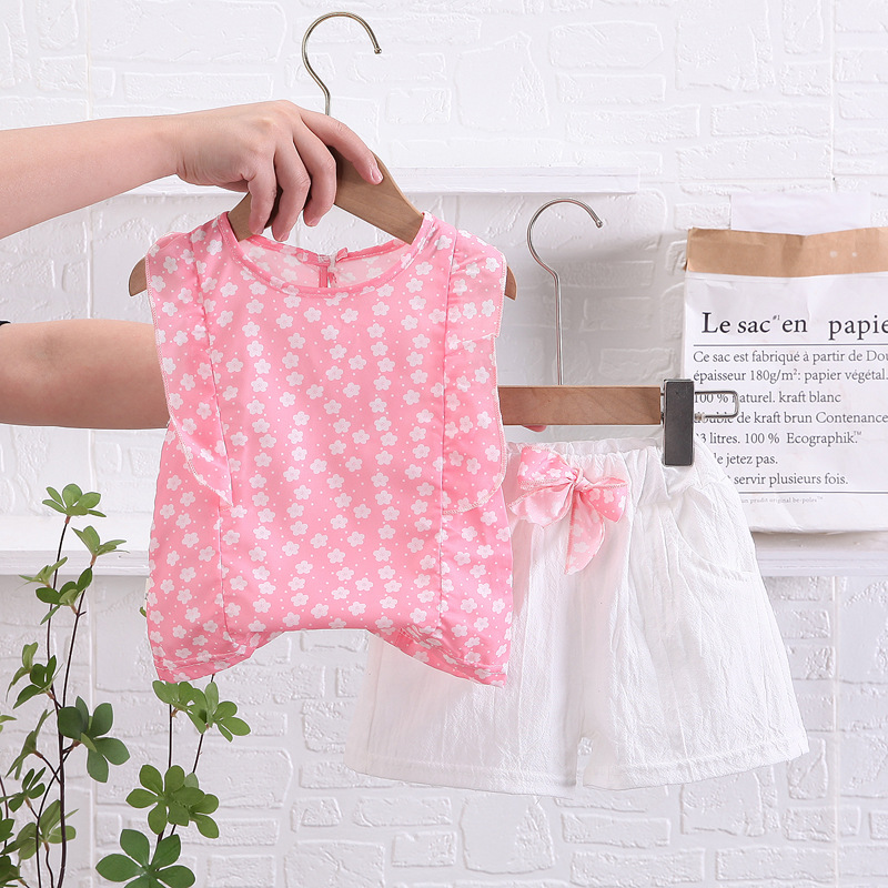 2pcs Summer Shirt Suit For Girls Sweet Printing Tops Shorts Cotton Breathable Two-piece Set For 1-4 Years Old Kids Pink 2-3Y 100cm