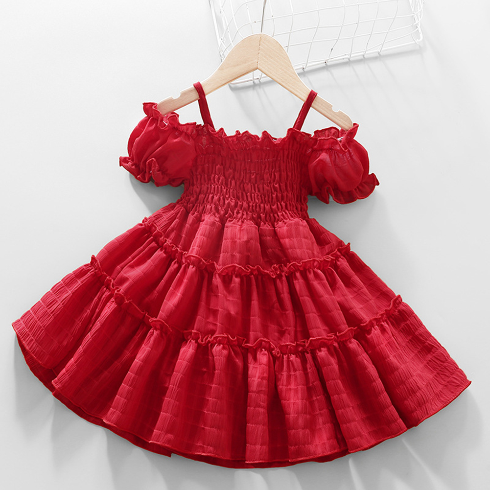 Girls Short Sleeves Dress Summer Fashionable Elegant Solid Color Princess Dress For 3-12 Years Old Kids red 11-12Y 3XL