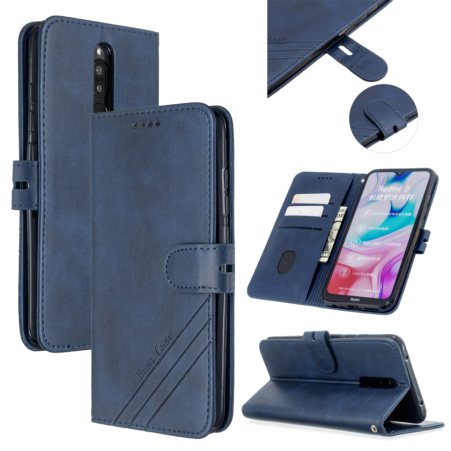 For Redmi Note 8T/Redmi 8/Redmi 8A Case Soft Leather Cover with Denim Texture Precise Cutouts Wallet Design Buckle Closure Smartphone Shell  blue