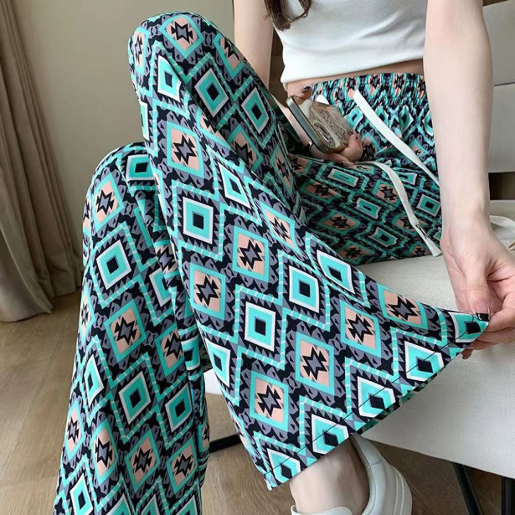 Women Floral Drawstring Pants Loose High Waist Trousers Casual