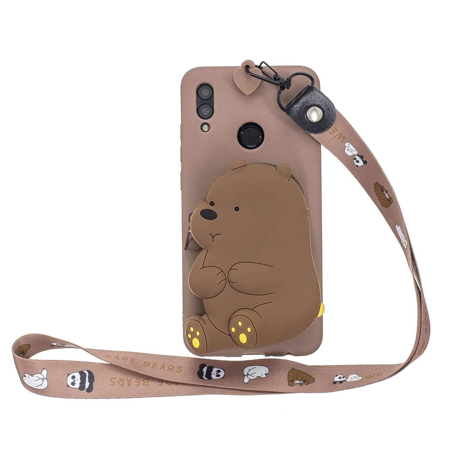 For HUAWEI Y6 2019 Y7 2019 Y9 2019 Cartoon Full Protective TPU Mobile Phone Cover with Mini Coin Purse+Cartoon Hanging Lanyard 7 brown brown bear