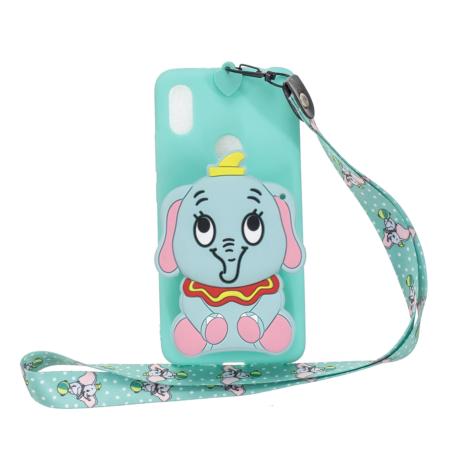 For HUAWEI Y6 2019 Y7 2019 Y9 2019 Cartoon Full Protective TPU Mobile Phone Cover with Mini Coin Purse+Cartoon Hanging Lanyard 2 light blue elephant