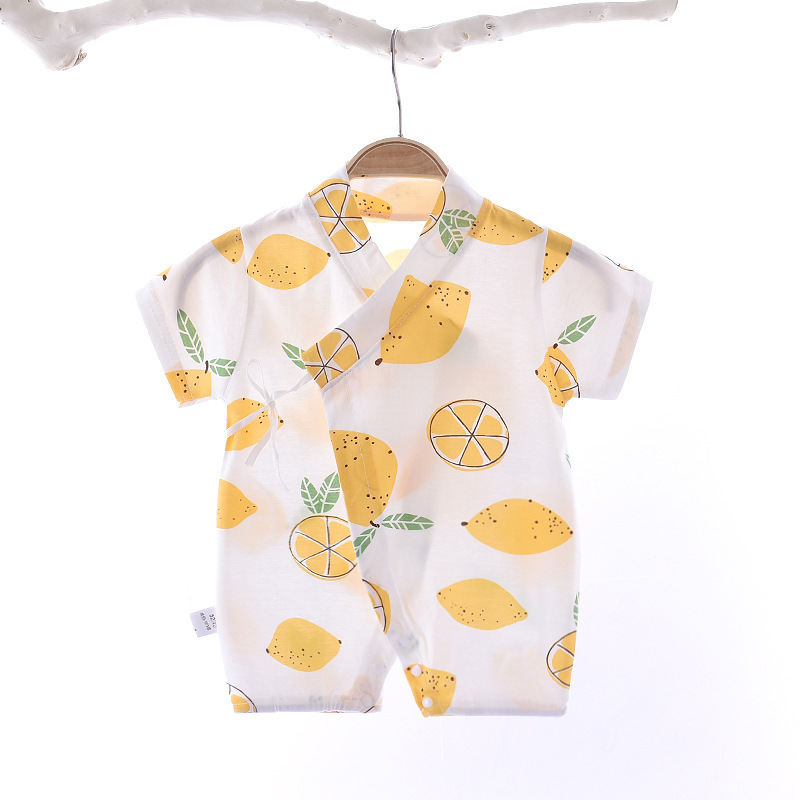 Boys Girls Short Sleeves Romper Summer Cotton Slanted Lace-up Breathable Jumpsuit For 0-3 Years Old Kids yellow lemon 0-3M 52cm