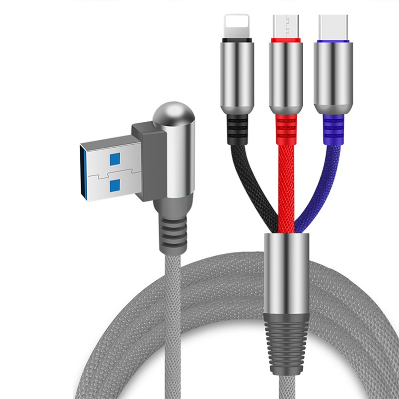 Wholesale 3 in 1 Angle Head 1.2M USB Cable Charging TypeC+Micro+8 Pin