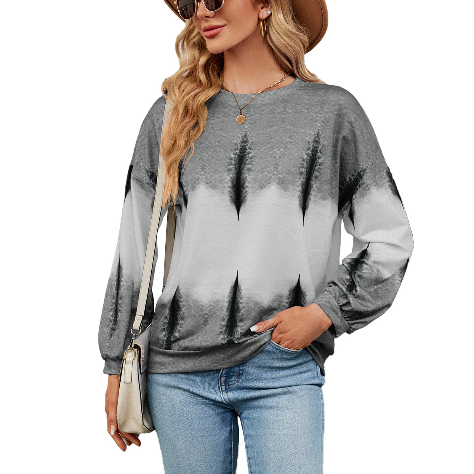 Women Sweatshirt Long Sleeve Round Neck Pullovers Trendy Contrast Color Tie Dye Loose Casual Tops grey L