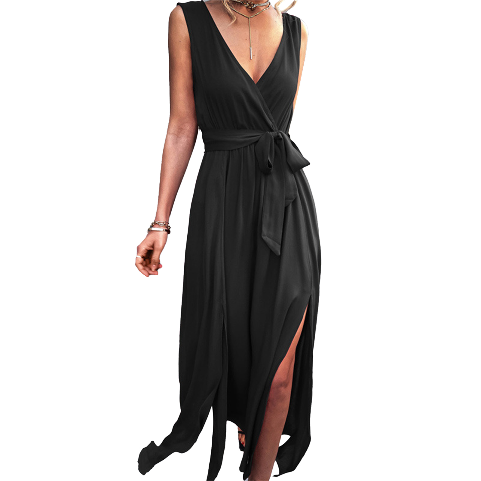 Women Split Thigh Deep V Neck Maxi Dress Waist Fit Sleeveless Solid Color Long Tank Dress For Party Dinner