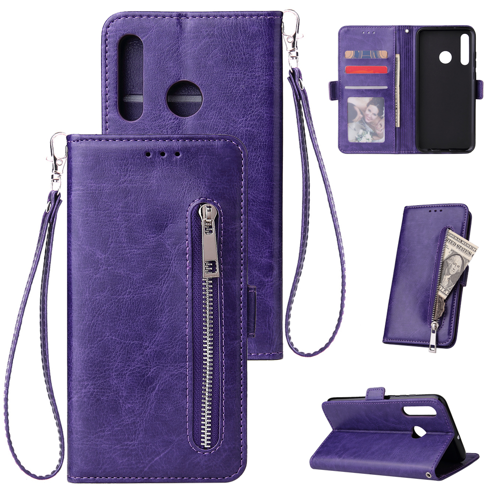 For Huawei Enjoy 9-Y7 2019-Y7 PRIME 2019 with fingerprint hole - Y7 PRO 2019 Solid Color PU Leather Zipper Wallet Double Buckle Protective Case with Stand & Lanyard purple