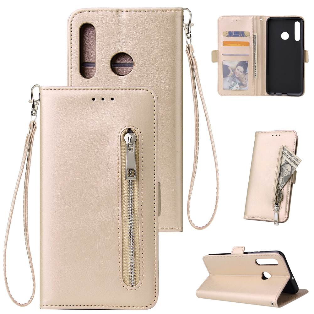 For Huawei Enjoy 9-Y7 2019-Y7 PRIME 2019 with fingerprint hole - Y7 PRO 2019 Solid Color PU Leather Zipper Wallet Double Buckle Protective Case with Stand & Lanyard gold