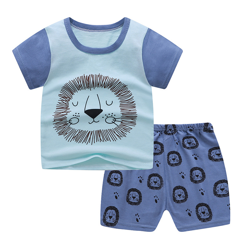 2pcs Children Cotton Home Wear Suit Short Sleeves T-shirt Shorts Two-piece Set For Boys Girls blue lion 120cm