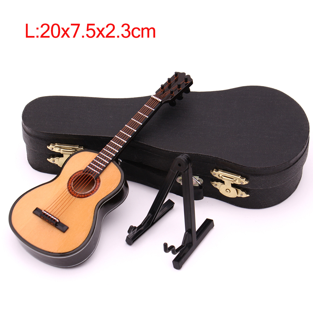 Mini Classical Guitar Miniature Model Wooden Mini Musical Instrument Model with Case Stand L: 20CM_Classical guitar wood color