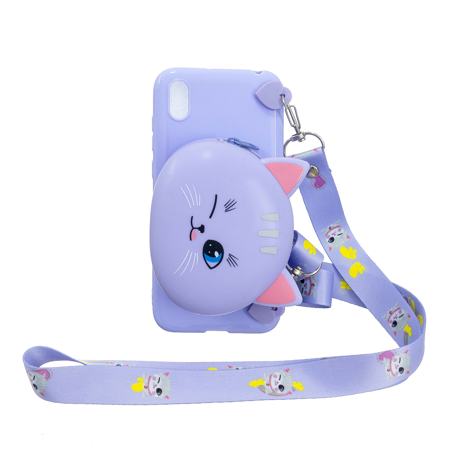 For HUAWEI Y5 2018/Y5 2019 Cellphone Case Mobile Phone Shell Shockproof TPU Cover with Cartoon Cat Pig Panda Coin Purse Lovely Shoulder Starp  Purple