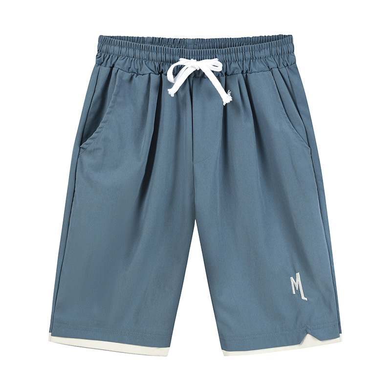 Men Summer Drawstring Shorts Fashion Solid Color Embroidered Large Size Casual Sports Straight Short Pants blue XXXL