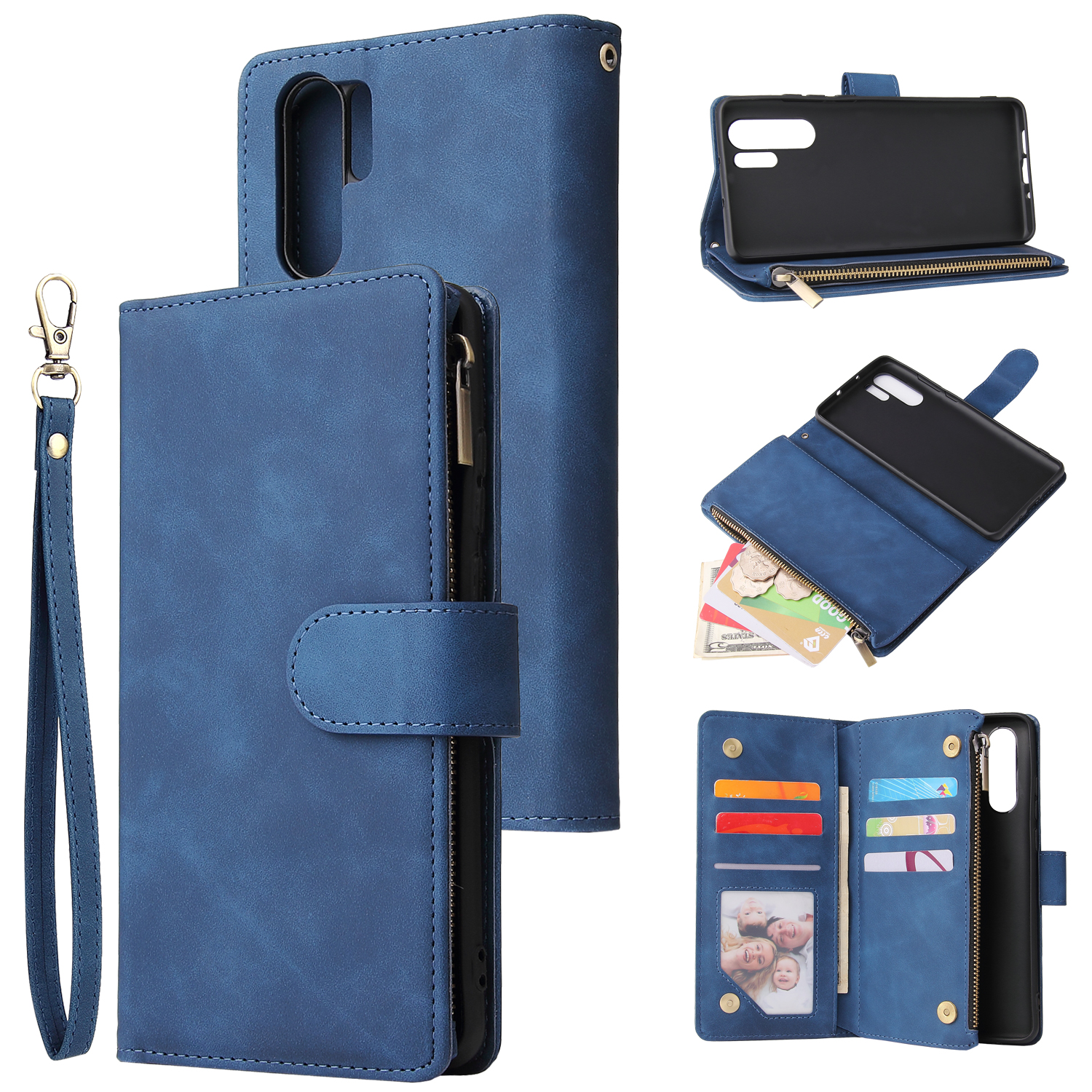 For HUAWEI P30 HUAWEI P30 lite HUAWEI P30 pro Multi-card Bracket Coin Wallet Zipper Mobile Phone PU Leather Phone Case  2 blue