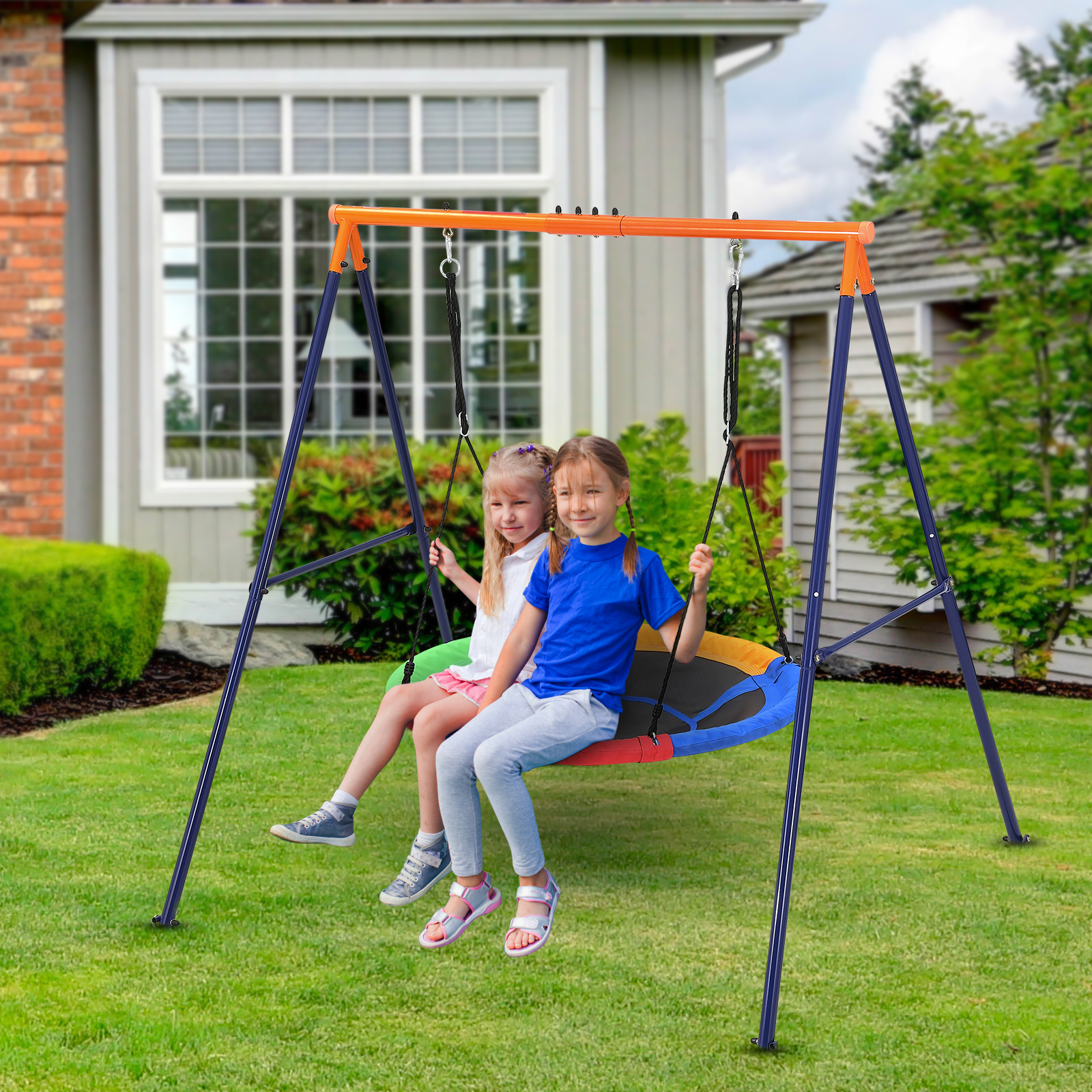US GARVEE Kids Saucer Swing Set + Heavy-Duty Metal Frame + Adjustable Ropes + Durable Polymer Seat + Non-Slip Surface + 440lbs Load + Backyard, Playground