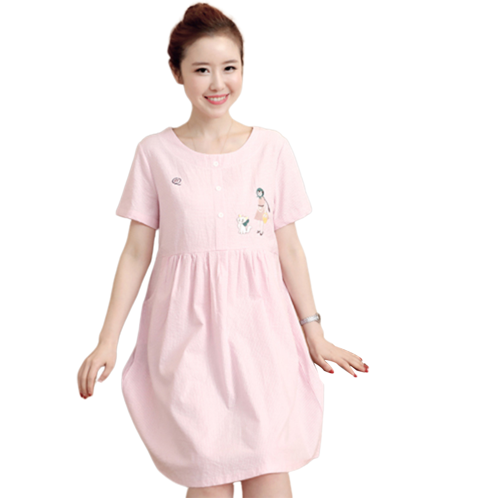 Wholesale Women Summer Maternity Dress Cotton Short-sleeve Mid-length Dress Pink_XXL From China