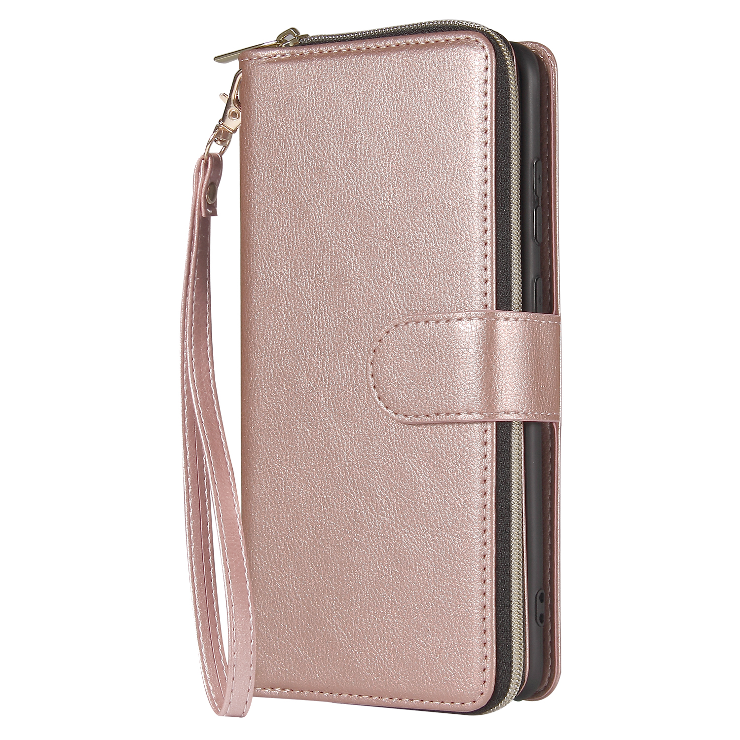 For Samsung S10/S20/S10E/ S10 Plus Pu Leather  Mobile Phone Cover Zipper Card Bag + Wrist Strap Rose gold