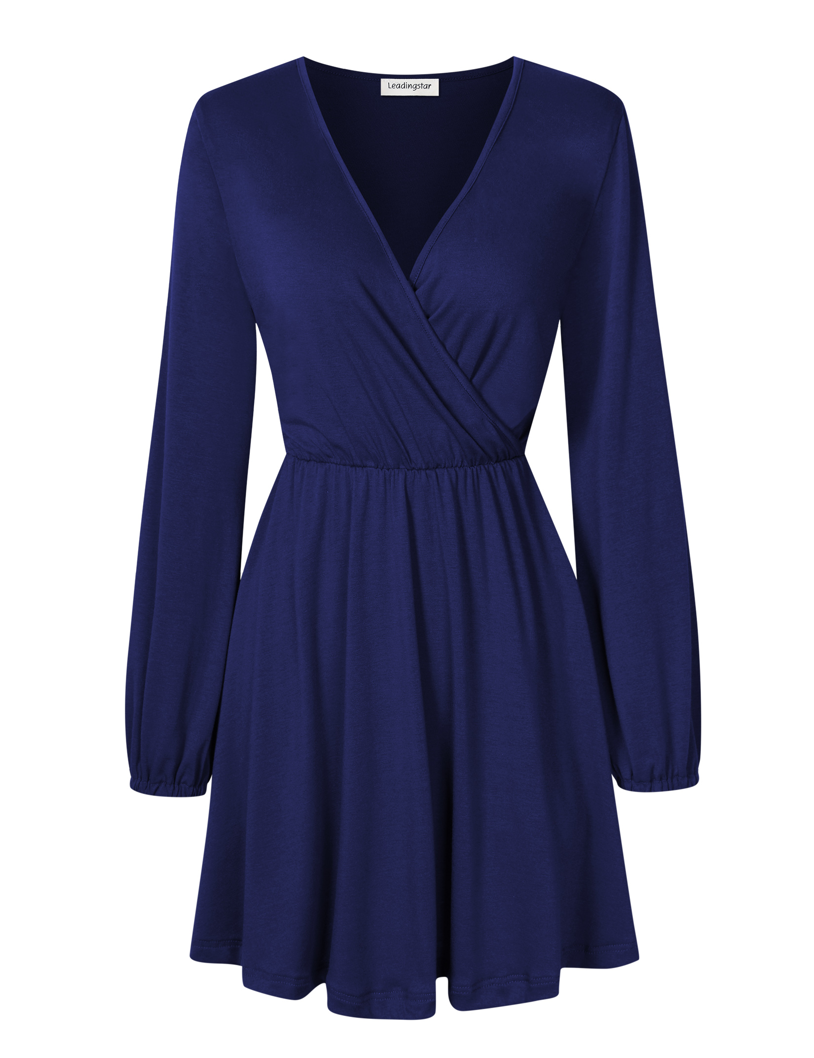 US LEADINGSTAR Women Solid Long Sleeve Elastic Waist Wrap V-Neck Fit Flare Dress