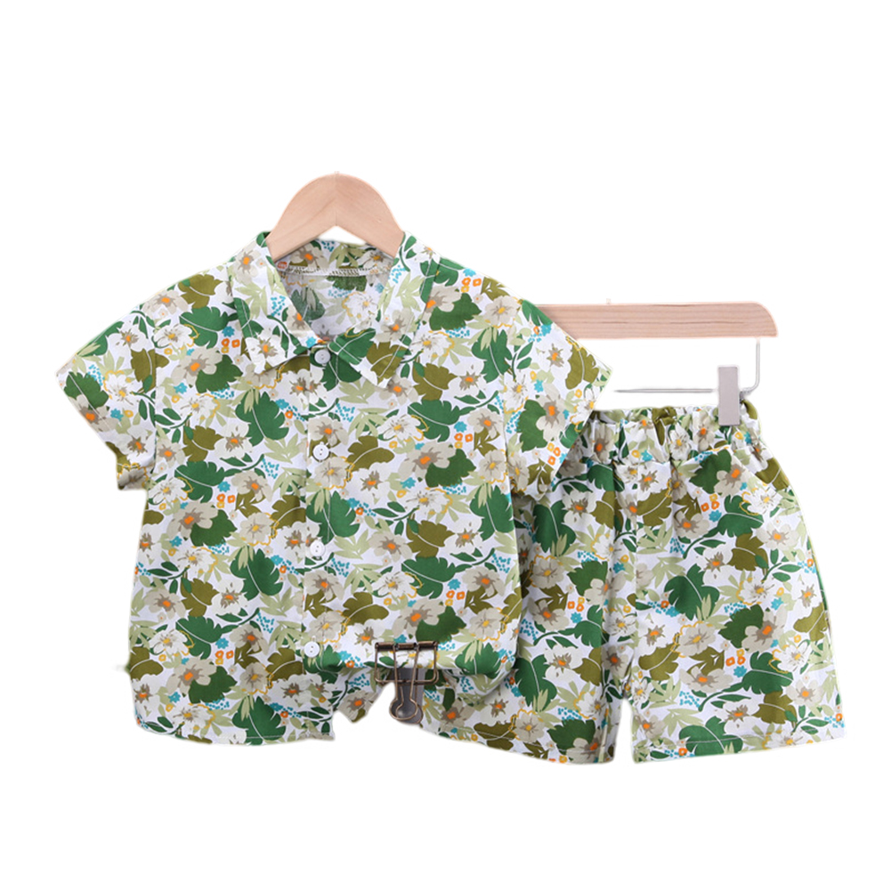 2pcs Children Shirt Shorts Suit Short Sleeves Lapel Trendy Leaf Printing Tops Shorts For 1-6 Years Old Kids light green 18-24M 90cm