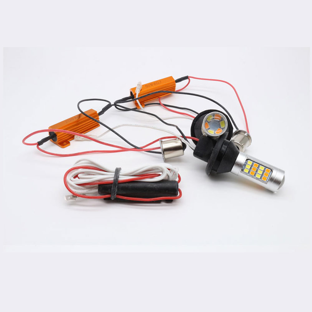 For Car Lighting 2pcs 1156 2835 High Power Dual Color Switchback LED Bulb  42LED Daytime Running Turn Signal Lamp BA15S powder + yellow