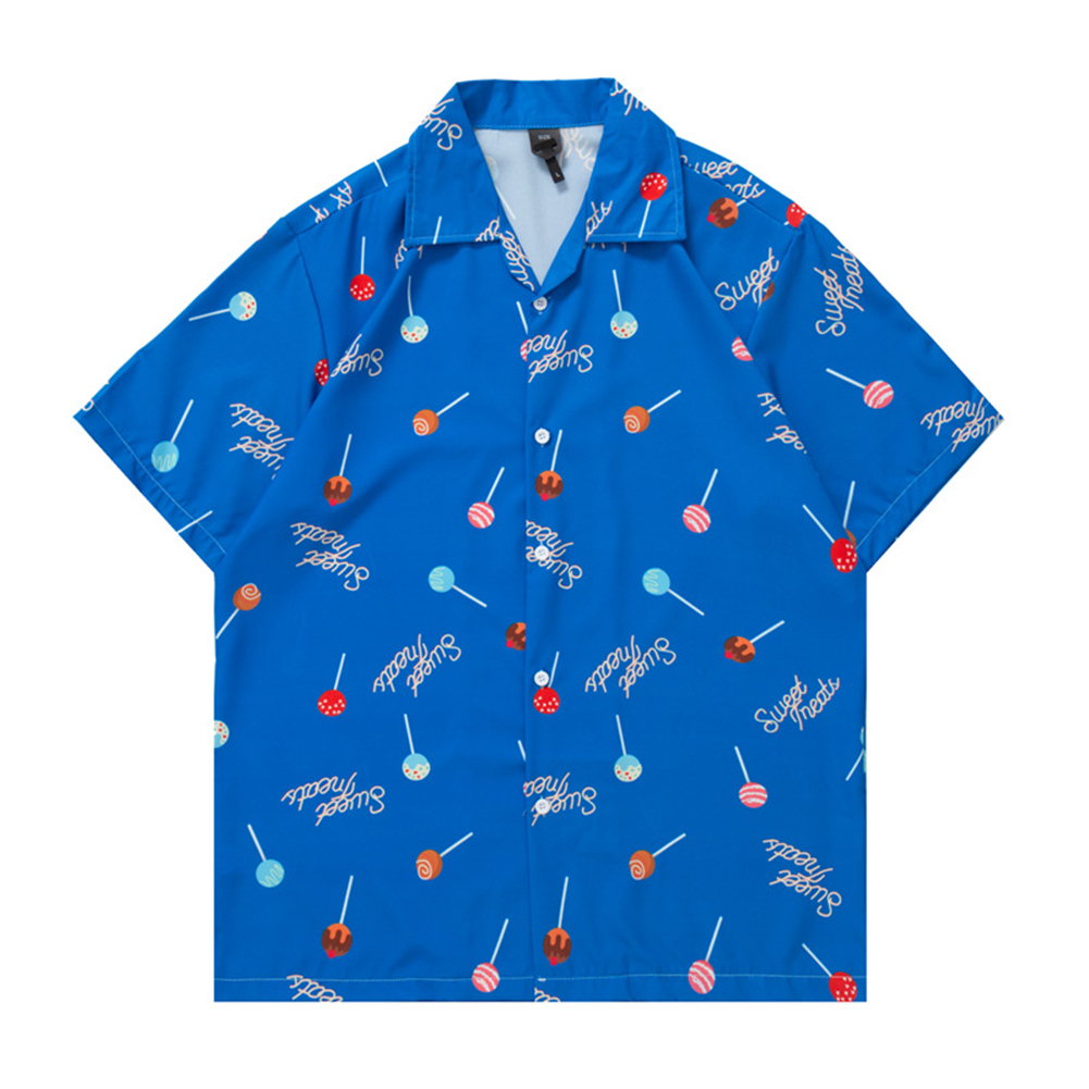Summer Short Sleeves T-shirt For Men Women Trendy Printing Lapel Cardigan Tops Casual Beach Shirt For Couple ZZ18 blue XL