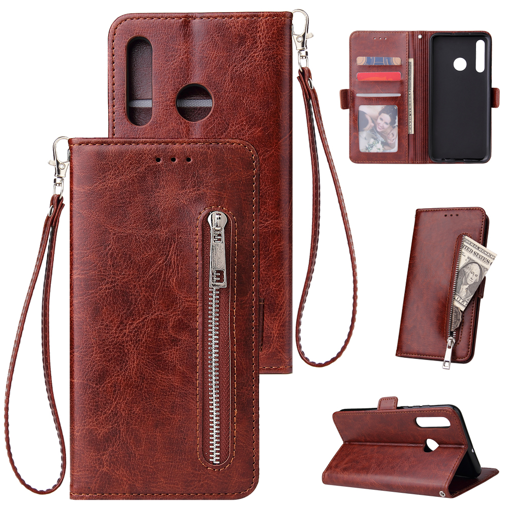 For Huawei Enjoy 9-Y7 2019-Y7 PRIME 2019 with fingerprint hole - Y7 PRO 2019 Solid Color PU Leather Zipper Wallet Double Buckle Protective Case with Stand & Lanyard brown