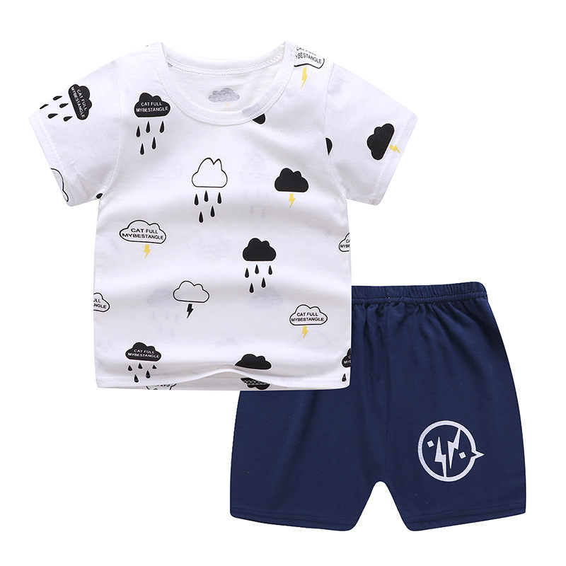 2pcs Children Cotton Home Wear Suit Short Sleeves T-shirt Shorts Two-piece Set For Boys Girls thunderstorm 110cm