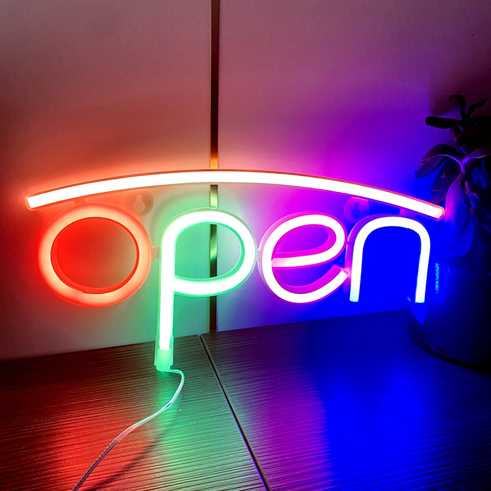 Open Sign Desktop Lamp, Bar Lamps, IP45 Waterproof, 3-AA Battery Or USB Powered Wall Night Light For Living Room, Bedroom, Bar, Children's Room 11.7x5.6x0.7in Coral pink red-green-pink-blue