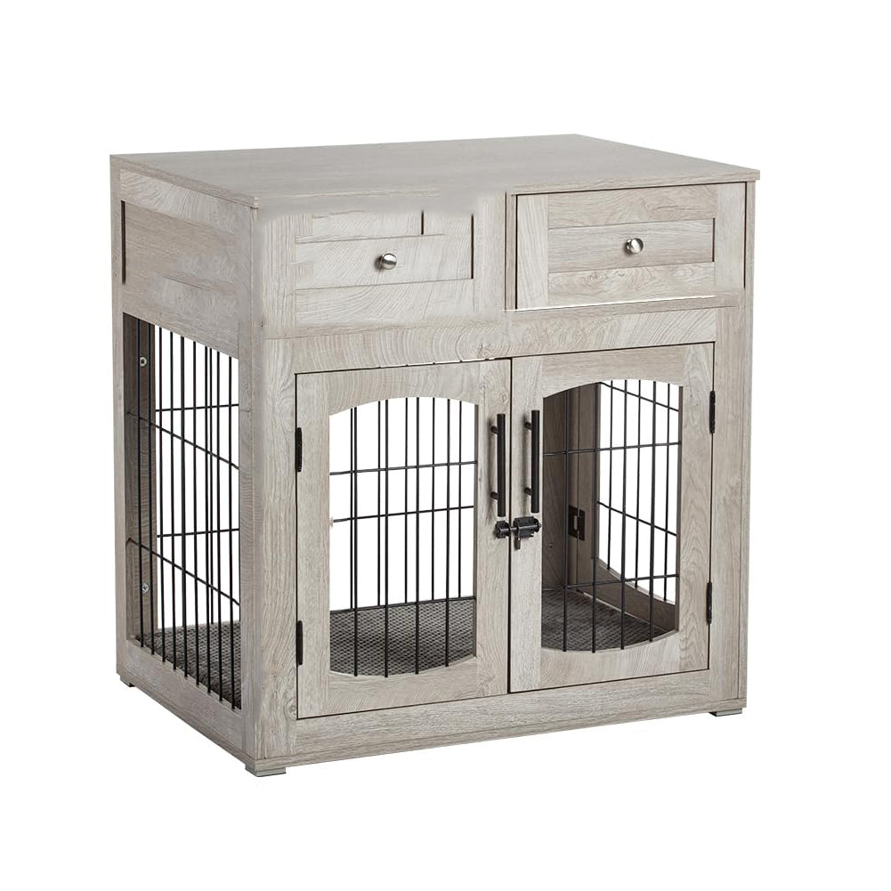 US GARVEE Dog Crate Furniture with Cushion Wooden Dog Crate Table 2 Drawers 3-Doors Dog Furniture