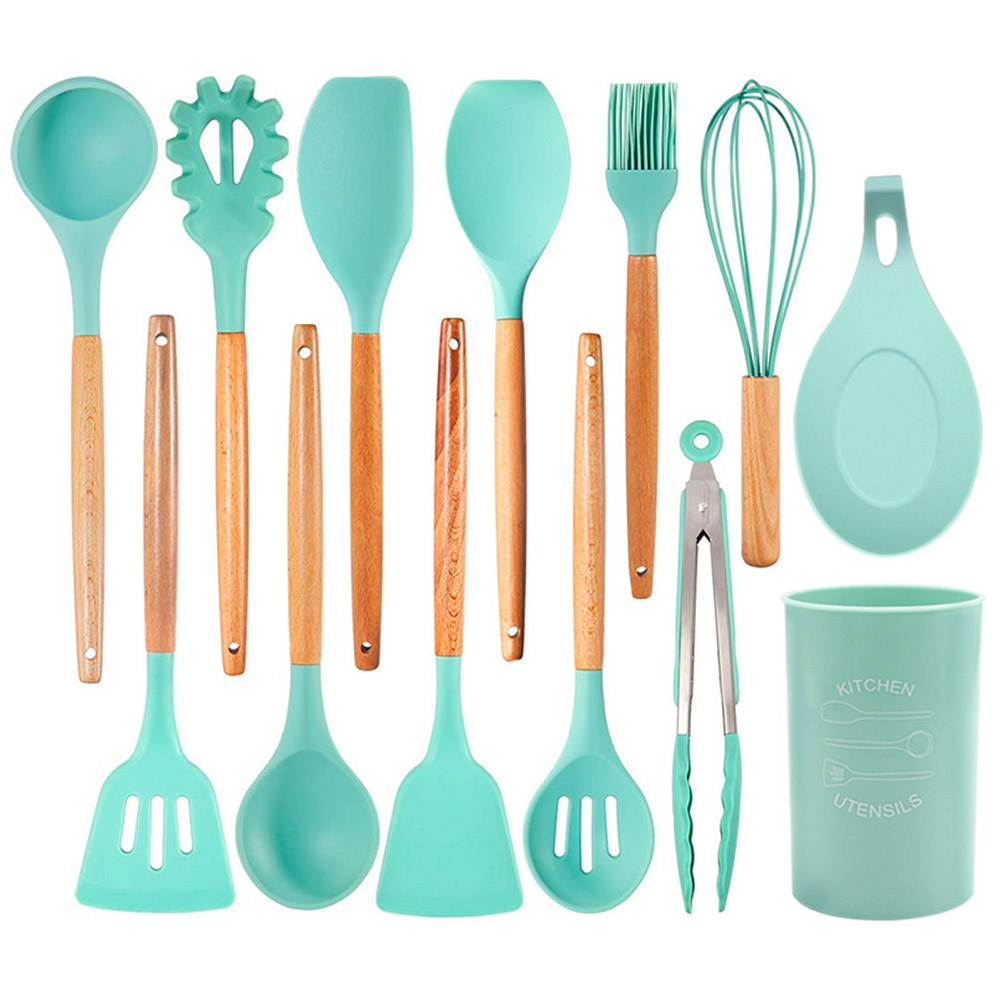 13Pcs/set Silicone Kitchenware Wooden Handle Cooking Kitchen Tools with Storage Bucket As shown_13-piece set