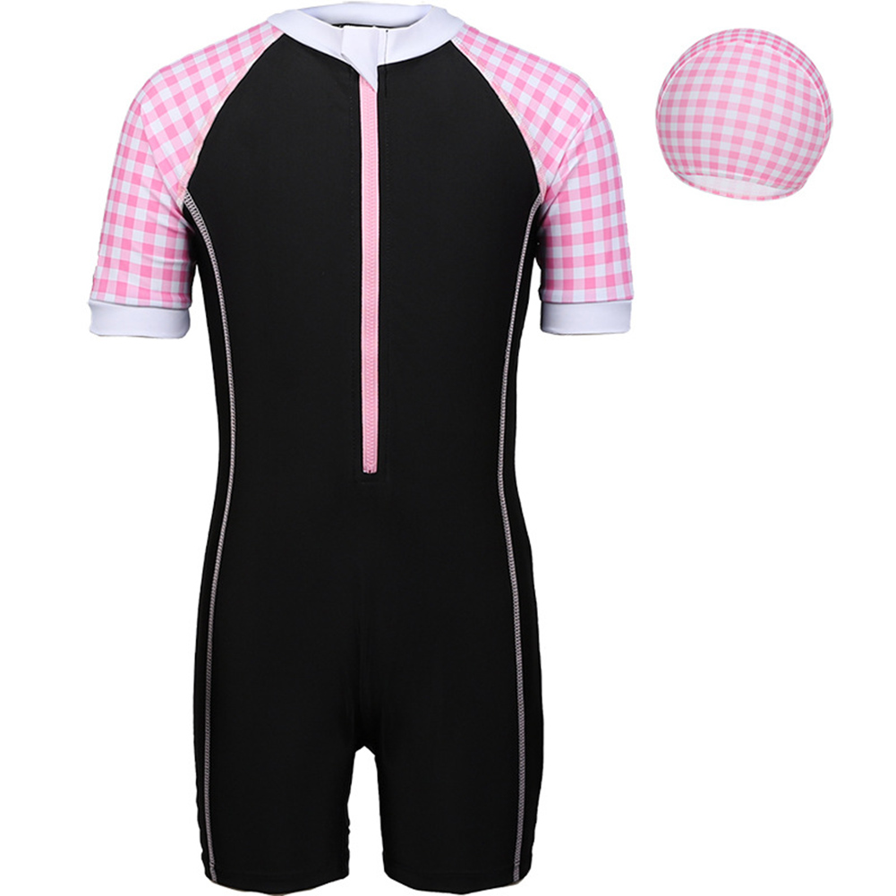 2pcs Girls Swimsuit With Swimming Cap Sunscreen Quick-drying Professional Training One-piece Boxer Swimwear Pink plaid 7-8Y 12