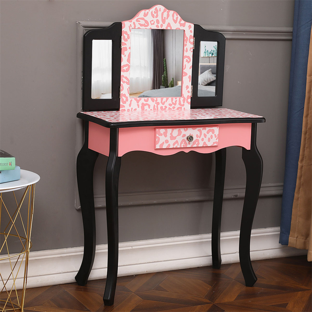 US Children Dresser Red Leopard Print Three-fold Mirror Single Drawer