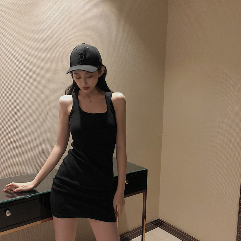 Summer Sleeveless Tank Dress For Women Sexy Slim Fit Pullover Midi Skirt Simple Elegant Solid Color Sundress black XL